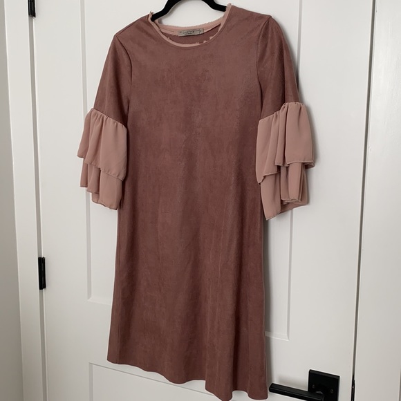 Luisa Perla Rose Ruffle Sleeve Suede Dress - Picture 3 of 14